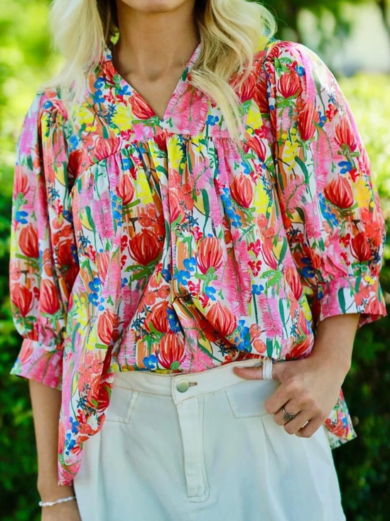 Entro Tops - Entro Babydoll Floral Puff-Sleeve Blouse-Size 1X-NWOT
